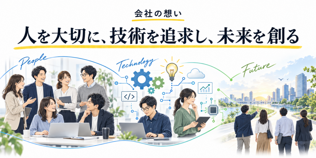 人を大切に、技術を追求し、未来を創る、という会社の想いを表すイラスト。社員が対話し、コードを書き、未来へ向かって家族と共に歩む様子を描いている