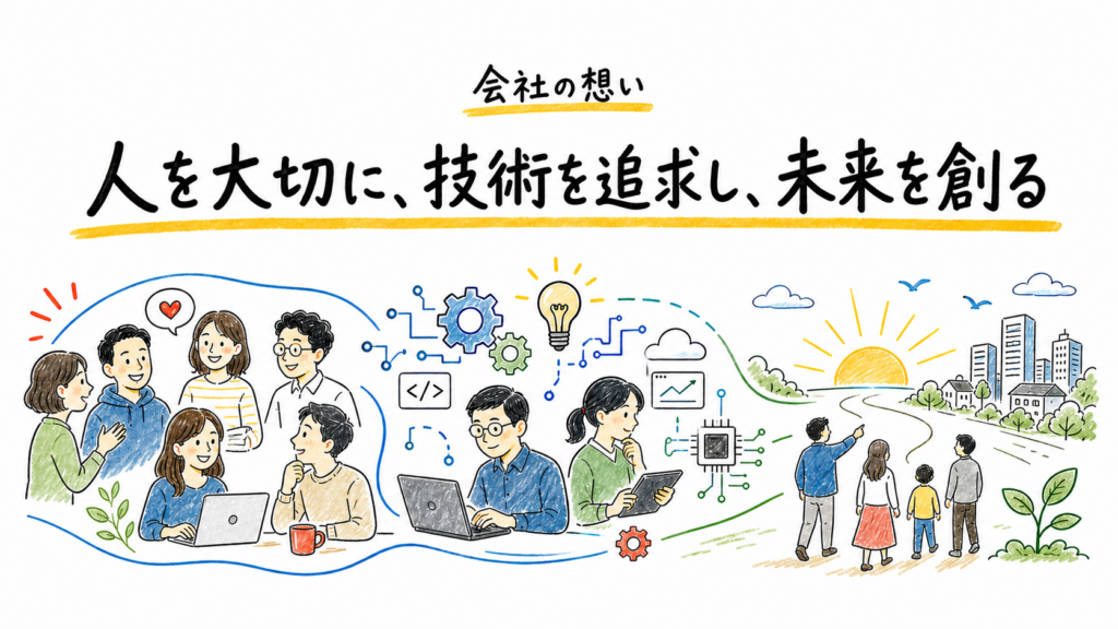 人を大切に、技術を追求し、未来を創る、という会社の想いを表すイラスト。社員が対話し、コードを書き、未来へ向かって家族と共に歩む様子を描いている