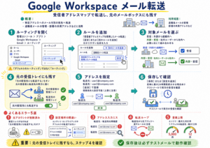 Google Workspace メール転送の6ステップ設定手順とよくあるエラー5選のインフォグラフィック